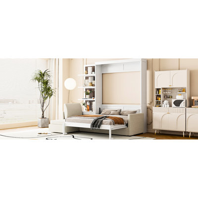 Grand lit blanc avec tablettes et rangement mural facile à installer