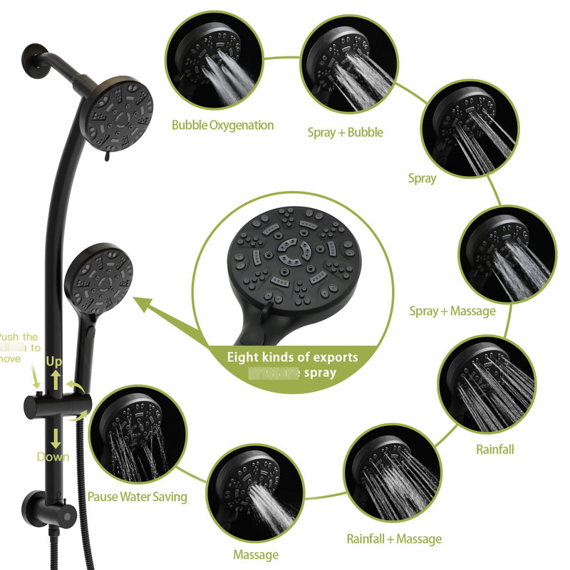Système de douche avec tuyau en acier inoxydable de 59 po, noir mat, douche à 8 mains et angle noir, tuyau de barre coulissante réglable