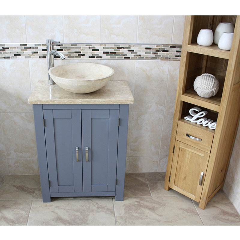 Roberge 650mm Single Bathroom Vanity with Vessel Stone Basin, Grey, Travertine, Cream