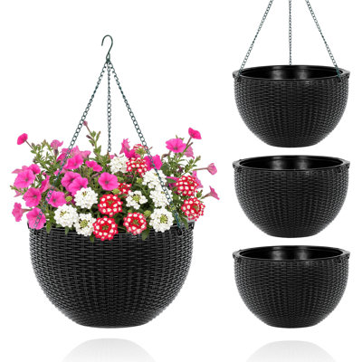 13.8 Inch Self Watering Hanging Planter, 4PCS Round Resin Hanging Basket for Indoor Outdoor Plants, Rattan Look Flower Pot with Drainage Plug, Deep Inner Pot and Sturdy Metal Triple-Chain Hanger