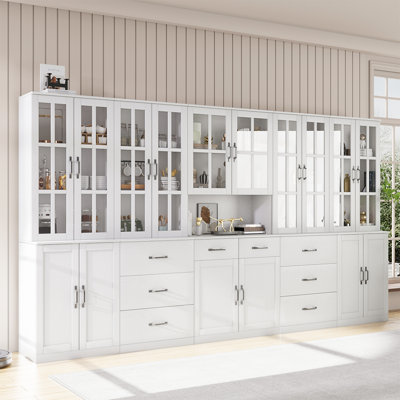 71" H X 126" W Kitchen Pantry With Bookcases, Glass Door Kitchen Hutch With Drawer And Spacious Countertops, Ccdde Style