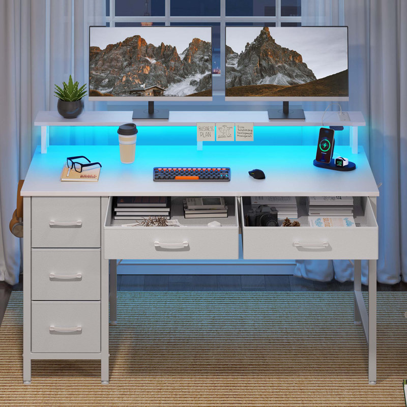 Computer Desk with Monitor Stand & Charging Station, Gaming Desk with LED Lights &  Drawers, 35.2" H x 47.2" W x 18.5" D