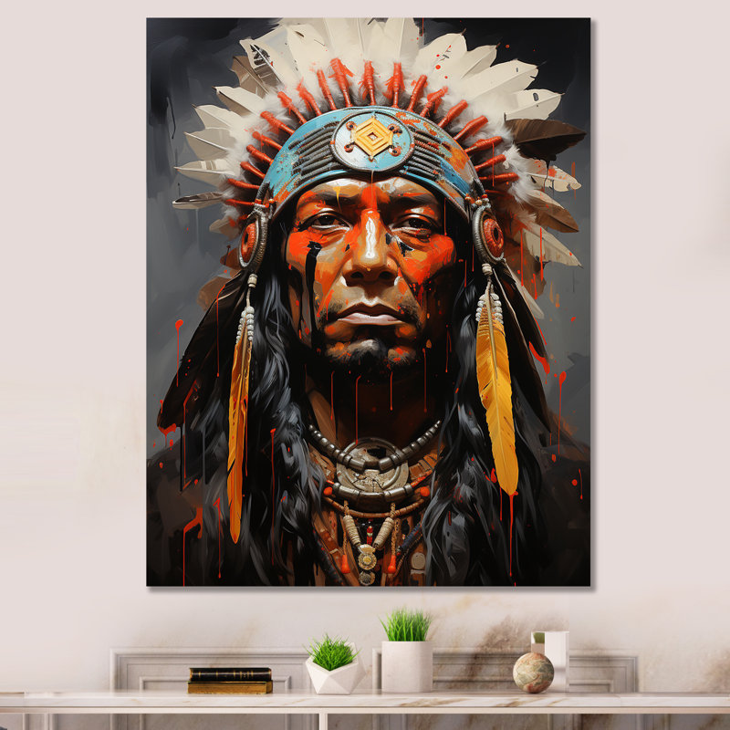 Portrait amérindien Landoul sarcelle orange II, H 20 po x l 12 po x P 1 po, Toile tendue