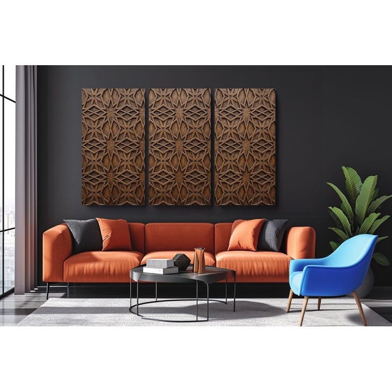 Intricate Geometric Wood Texture Triptych Canvas Print, Abstract Pattern Wall Art Decor - Boho Modern Living Room Bedroom Art, Painting Reproduction