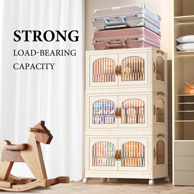 Inbox Zero 8.4 Gal Foldable Cabinet with 1 Lid Set 3 Tier,Clear Plastic Folding Storage Box with Wheel