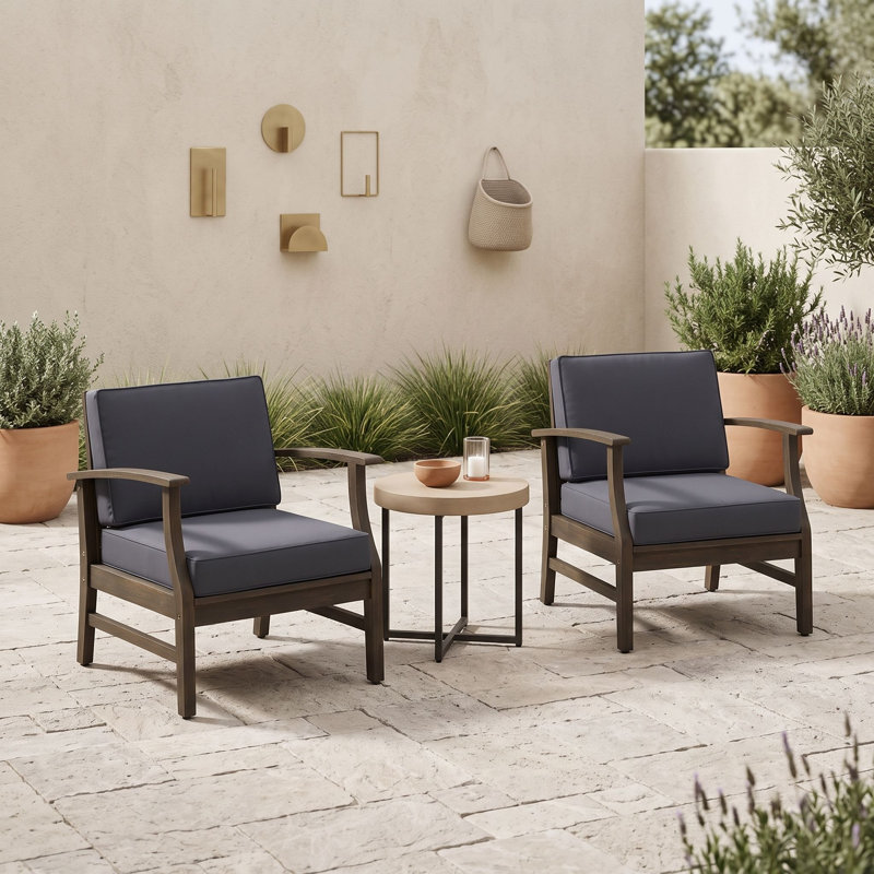 Ensemble de 2 fauteuils club d'extérieur en bois d'acacia avec coussins résistants à l'eau et panneau à lattes, Gris foncé