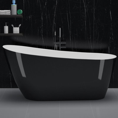 59" Freestanding Soaking Tub Black Exterior White Interior Glossy Acrylic Finish for Bathroom