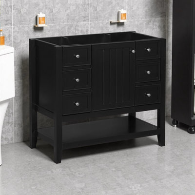 Meuble-lavabo autoportant 36 pièces avec 1 armoire, 3 tiroirs et tablette ouverte noire - fabrication en bois massif et en panneau de fibres à densité moyenne, style moderne, lavabo non inclus