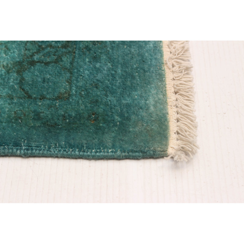 Tapis unique en laine turquoise noué à la main 9 pi 1 po x 11 pi 9 po