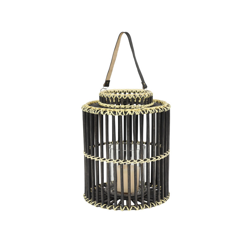 Lanterne en rotin cylindrique rustique cage, Noir