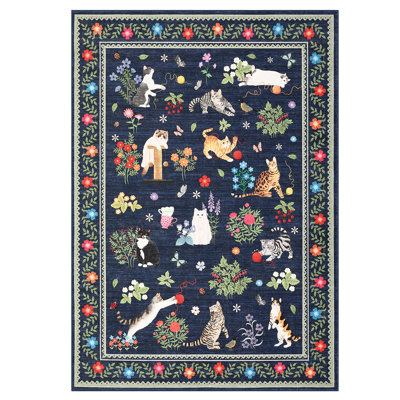 Modern Animal 5×7 Cat Pattern Area Rugs for Living Room Bedroom Playroom Non Slip Floral Bordered Washable Soft Indoor Carpet