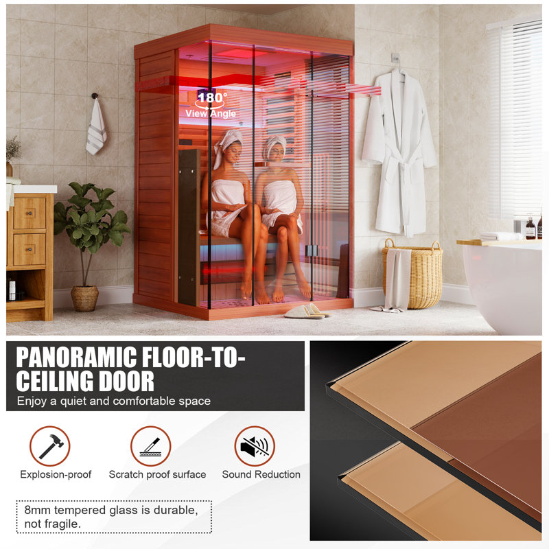 Meissalivve Full Spectrum Infrared Sauna, 1-2 Person Home Sauna, Red Cedar Indoor Sauna With Resonance Speaker, Panoramic Tempered Glass Door