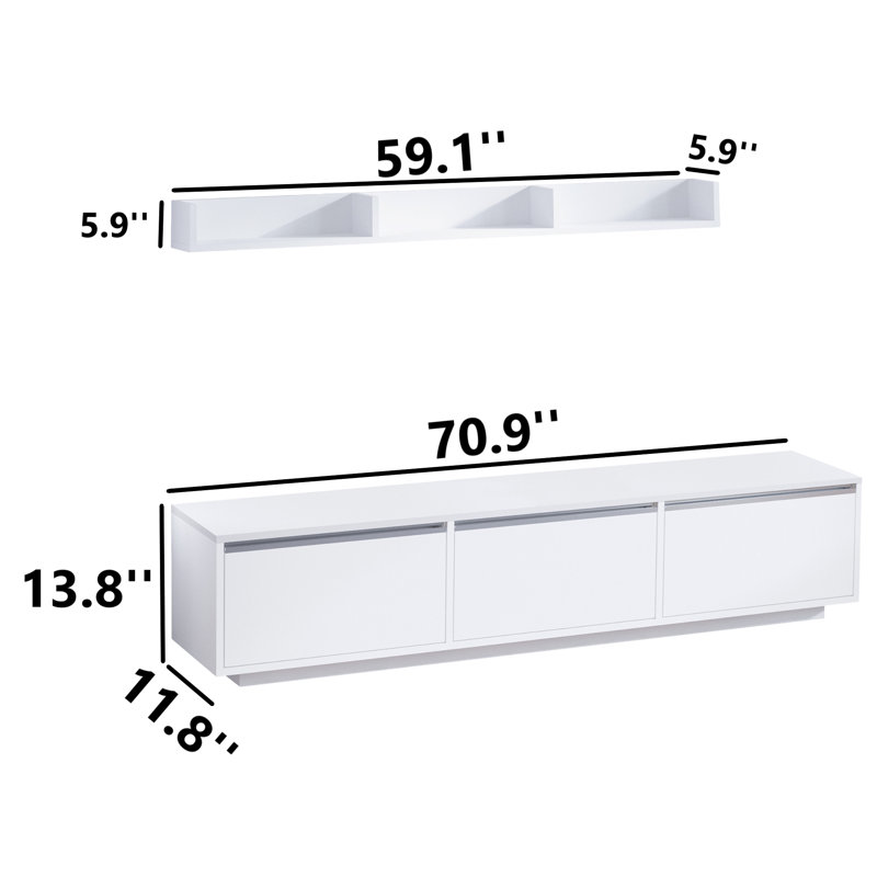 Meuble télé blanc moderne avec tablette murale, panneau de particules 100% mélaminé, 70,9 x 13,8 x 11,8 pouces | Nombreuses tablettes, conception à fixation murale | Élégant et fonctionnel pour le salon et les espaces de divertissement