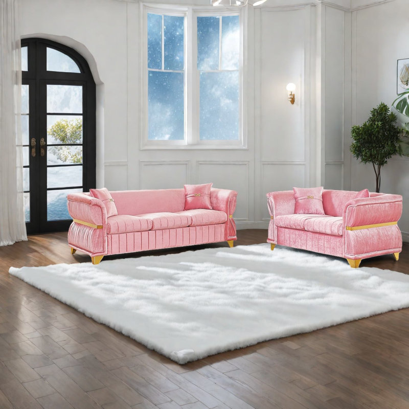 Ensemble de canapés modernes en velours rose 3 et 2 places avec garniture en métal doré pour la maison