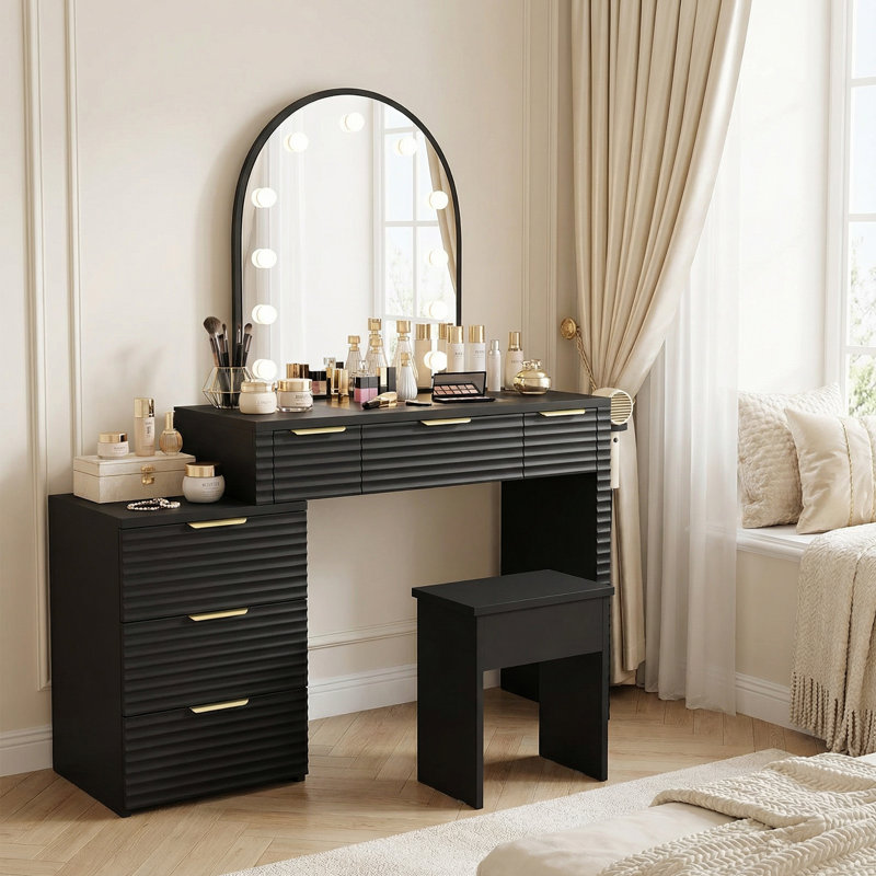 Makeup Vanity with Mirror, Vanity Set,  Stool Included, for Bedroom, Black