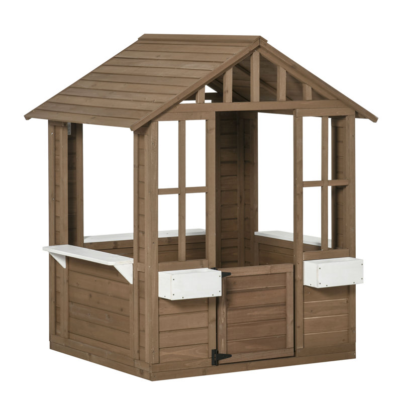 Brown Wooden Outdoor Kids Playhouse with Flowerpot Holders