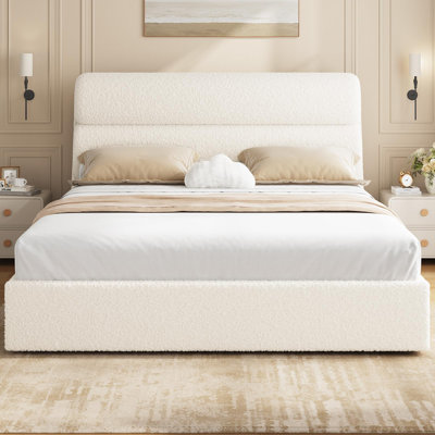 King-Size Bed Frame With Headboard, Upholstered Platform Bed With Wooden Slats, King-Size Soft Cloud-Like Bed, No Box Spring Required, Easy To Assemble, Cream Color.