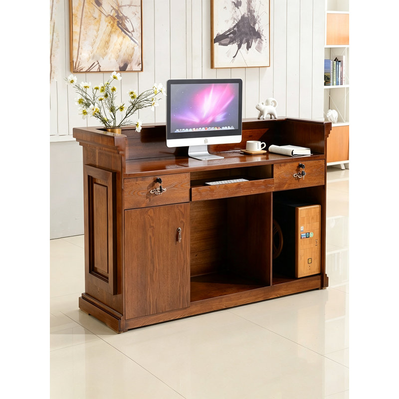 Comptoir de caisse en bois massif transitionnel rétro, table de réception robuste avec armoire fermée pour la zone de travail de l'entrée du salon