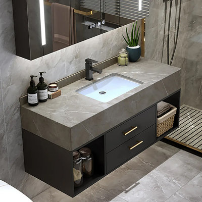 Chiverton 39'' Bathroom Vanity with Sink Modern Floating Wall-Mounted Black Vanity with Sintered Stone Undermount Sink
