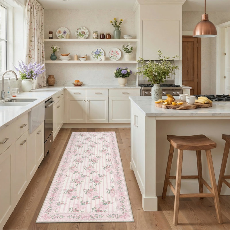 Bloomere Floral Machine Washable Blush Bow Indoor Area Rug With Non-Slip Backing, Runner 2'6" x 8'