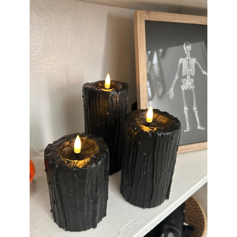 Ensemble de 3 bougies piliers sans flamme pour l'Halloween, bougies DEL noires à effet cire coulante avec télécommande, véritable cire vacillante pour la décoration de table ou d'étagère.