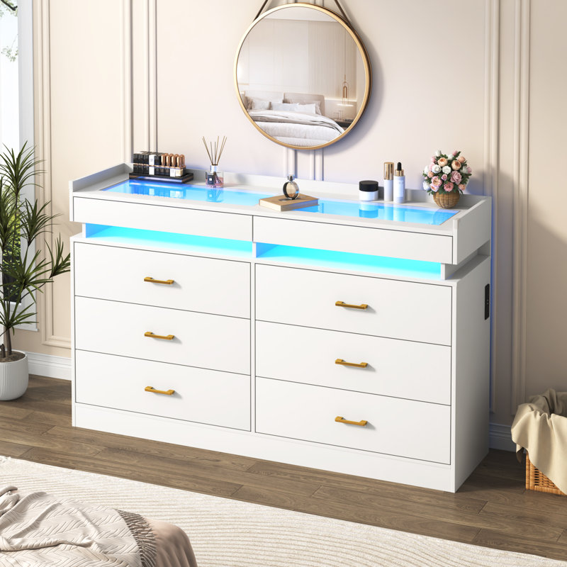 Commode 8 tiroirs 59,05 po Kaylup avec 2 tiroirs supplémentaires en verre trempé, station de charge et lumière DEL
