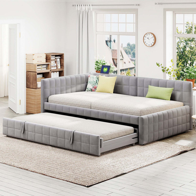 Lit de jour rembourré en L pleine grandeur avec lit gigogne escamotable double et ports USB, Gris