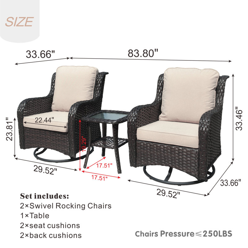 Ensemble de chaises berçantes d'extérieur en rotin avec coussins Tommy, Brun, Beige
