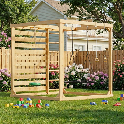 Ensemble de jeu extérieur en bois 8 en 1 | Mur d'escalade, balançoires, panier de basketball et bac à sable