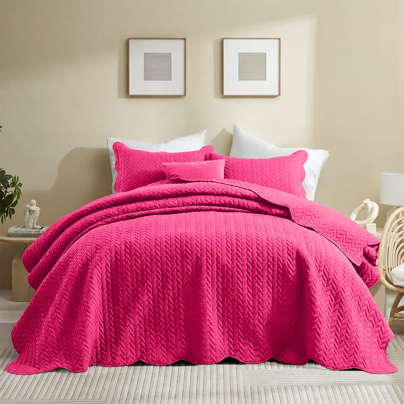 Microfiber Embossed Oversized Modern & Contemporary Bedspread Set With Shams, California King Bedspread + 2 Pillowcases, Pink