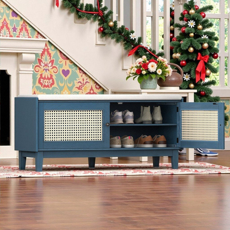 Storage Bench With Rattan Doors, Pine Wood Frame, Removable Cushion, And Adjustable Shelves, Antique Navy,Beige