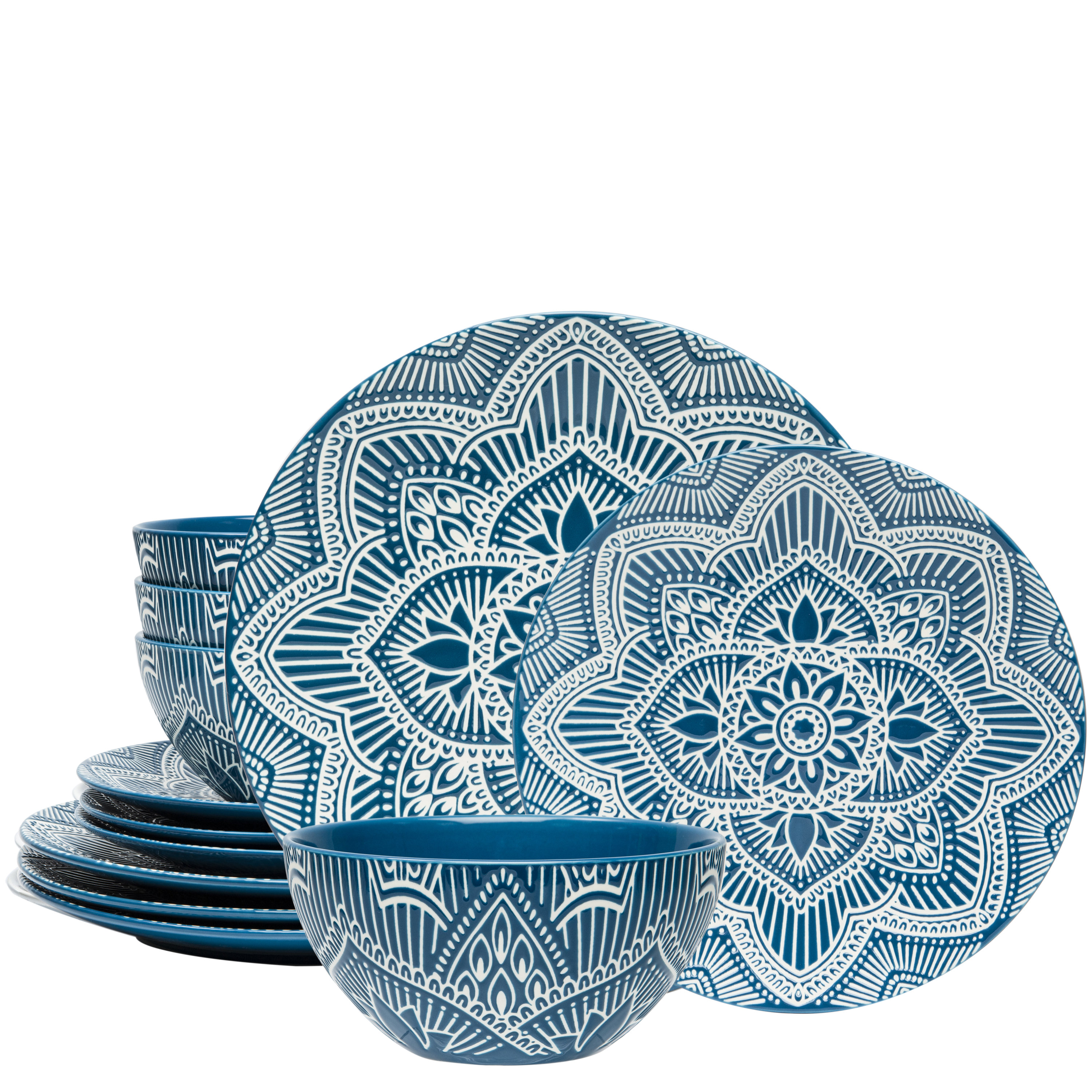 Bungalow Rose 12-Piece Ceramic Dinnerware Set-La La Mandala Blue
