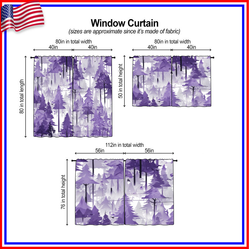 Rideaux de fenêtre mauve à motif de forêt mauve transparent et obscurcissant - 2 panneaux, 40 po x 60 po - 2 panneaux