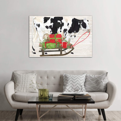 Christmas On The Farm I - Cow With Sled by Tara Reed - Wrapped Canvas Painting