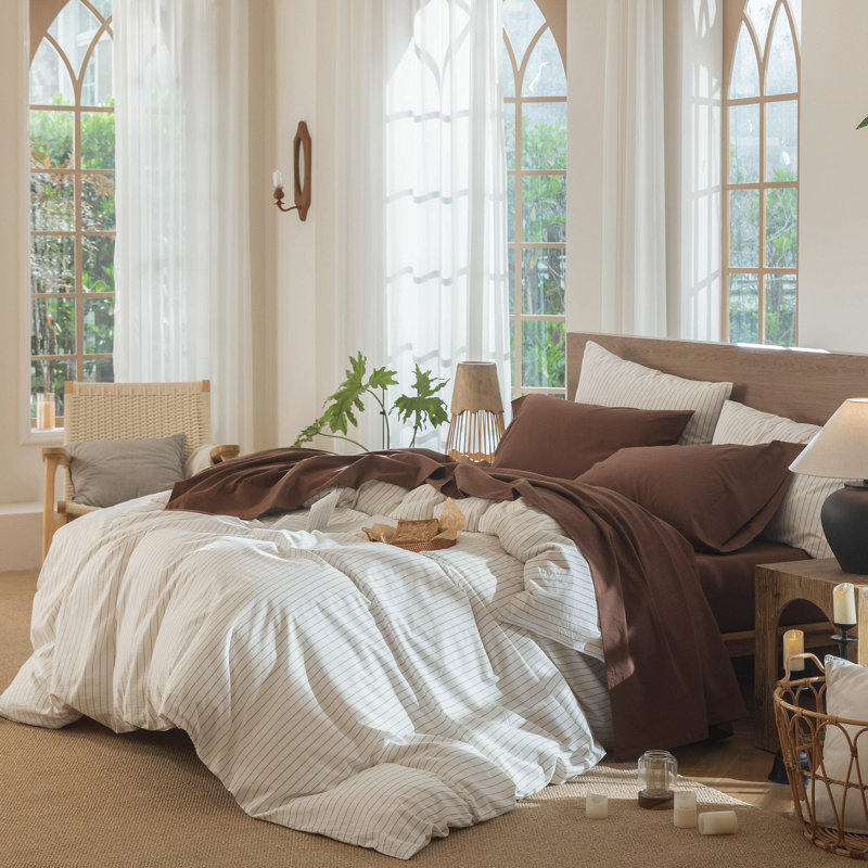 100% Washed Cotton Sheet Set Extra Deep Pocket Linen Like Textured, Cocoa Brown, King Sheet Set with 2 Pillowcases