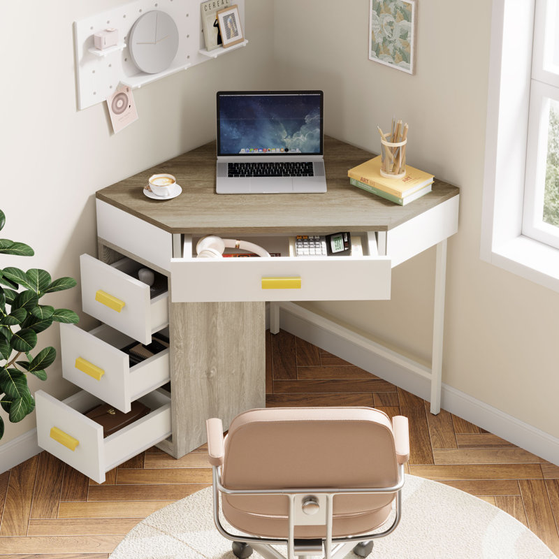 Bureau en coin avec 4 tiroirs, Natural/White