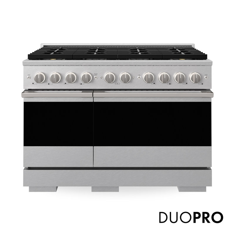 ZLINE Autograph 48 in. Marino Dual Fuel Range with 8 Burner DuoPro Cooktop and Black Accents, Satin Stainless Steel