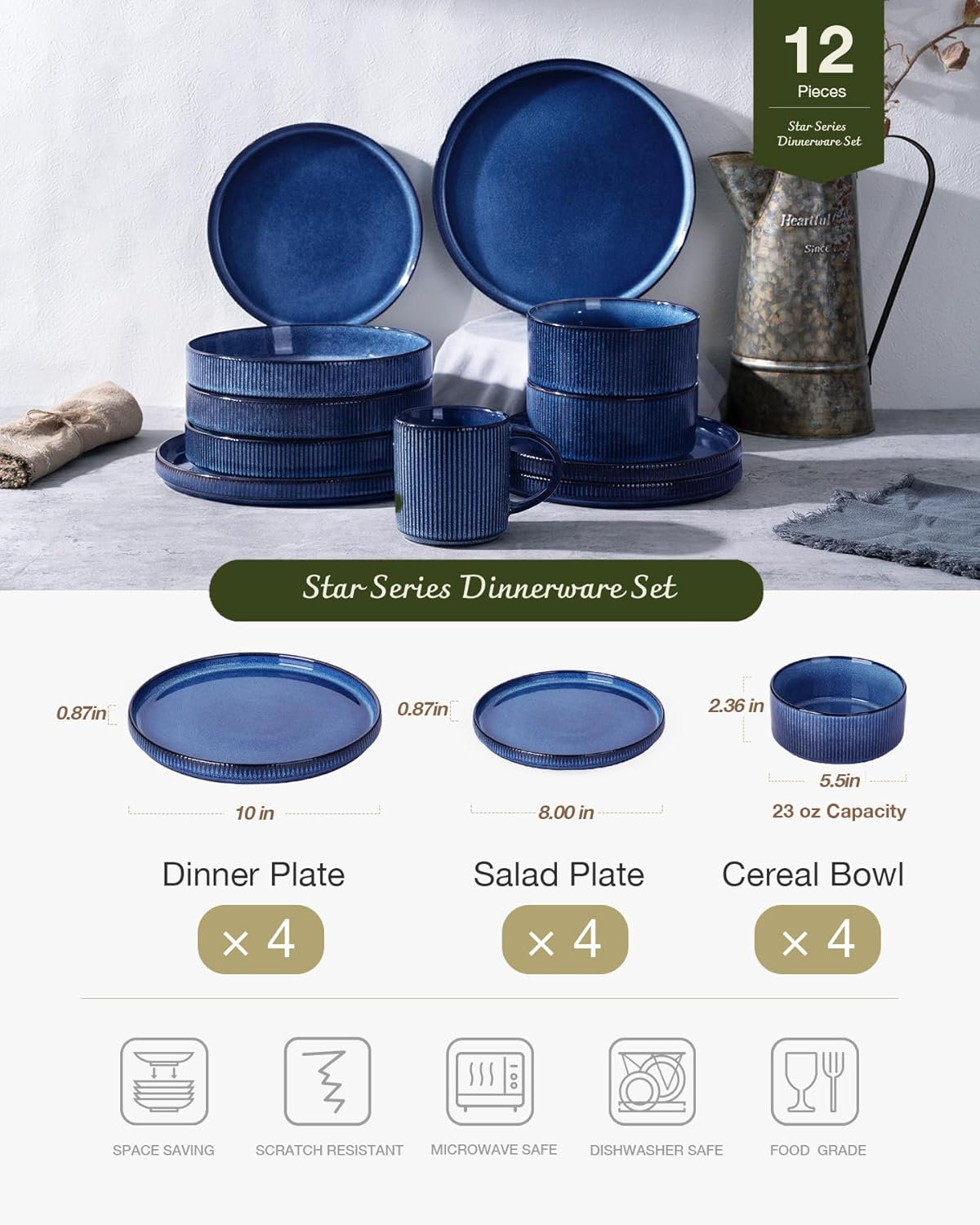 Stoneware Dinnerware Set, Service for 4, Nebulas Blue