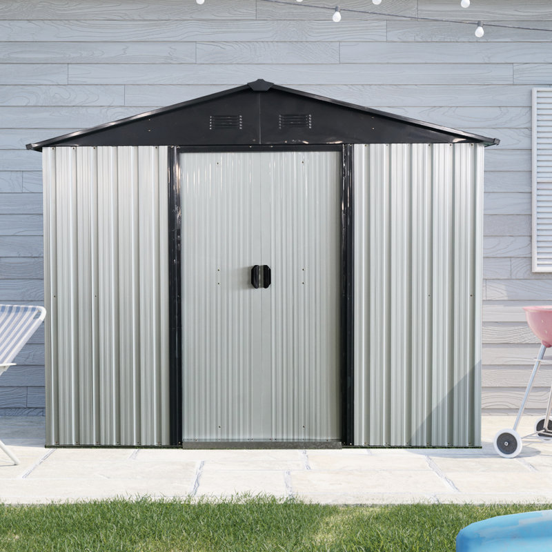 8Ft X 4Ft Metal Storage Shed For Outdoor Use. White And Black Appearance. Galvanized Frame. Tilted Roof & Lockable Door. Airy Interior. Includes Foundation, Anchors, Hooks, Shelf, Lock Gloves 8X4 Ft
