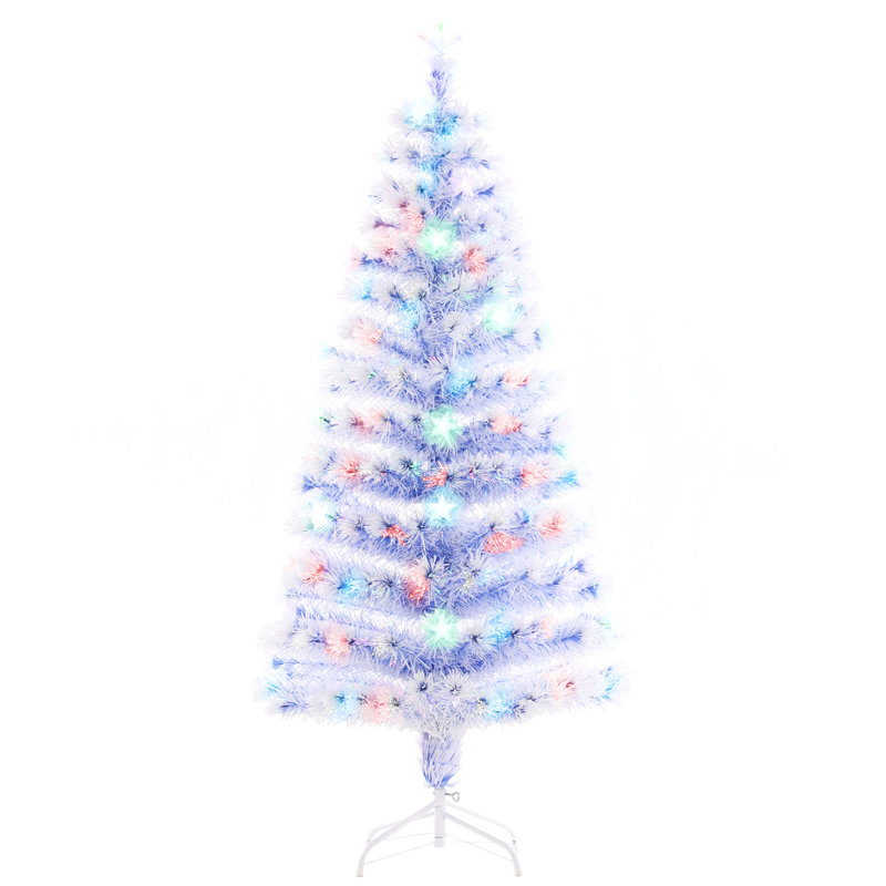 Sapin de Noël artificiel pré-éclairé 5 pi avec branches réalistes, lumières DEL multicolores, fibre optique et 180 pointes - blanc / bleu