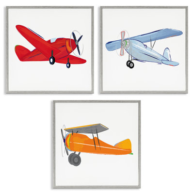Triple Colorful Airplanes Drawing 3 Piece Gray Framed Giclee Art Set by Sweet Pea Studio
