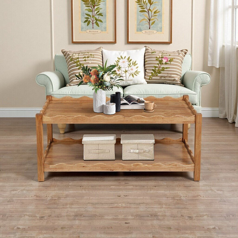 Table basse moderne à 2 niveaux avec tablette ouverte, pieds en bois d'hévéa massif