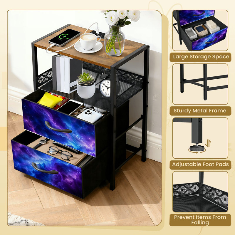 Table de chevet 2 tiroirs en tissu avec station de charge Cosmic