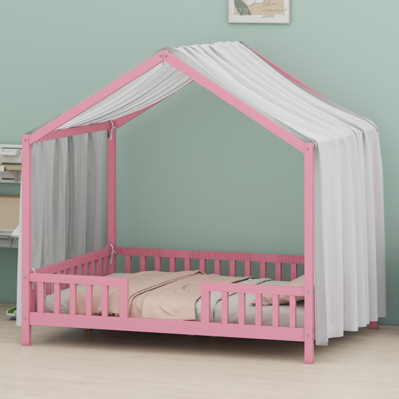 Toddler House-Shaped Bed with Overhead Canopy and Enclosed Safety Sides, Full, Pink