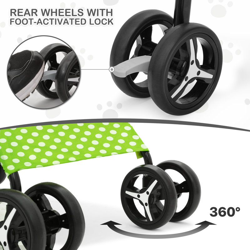 Lawn Green Polka Dot Foldable Pet Stroller with Mesh Windows