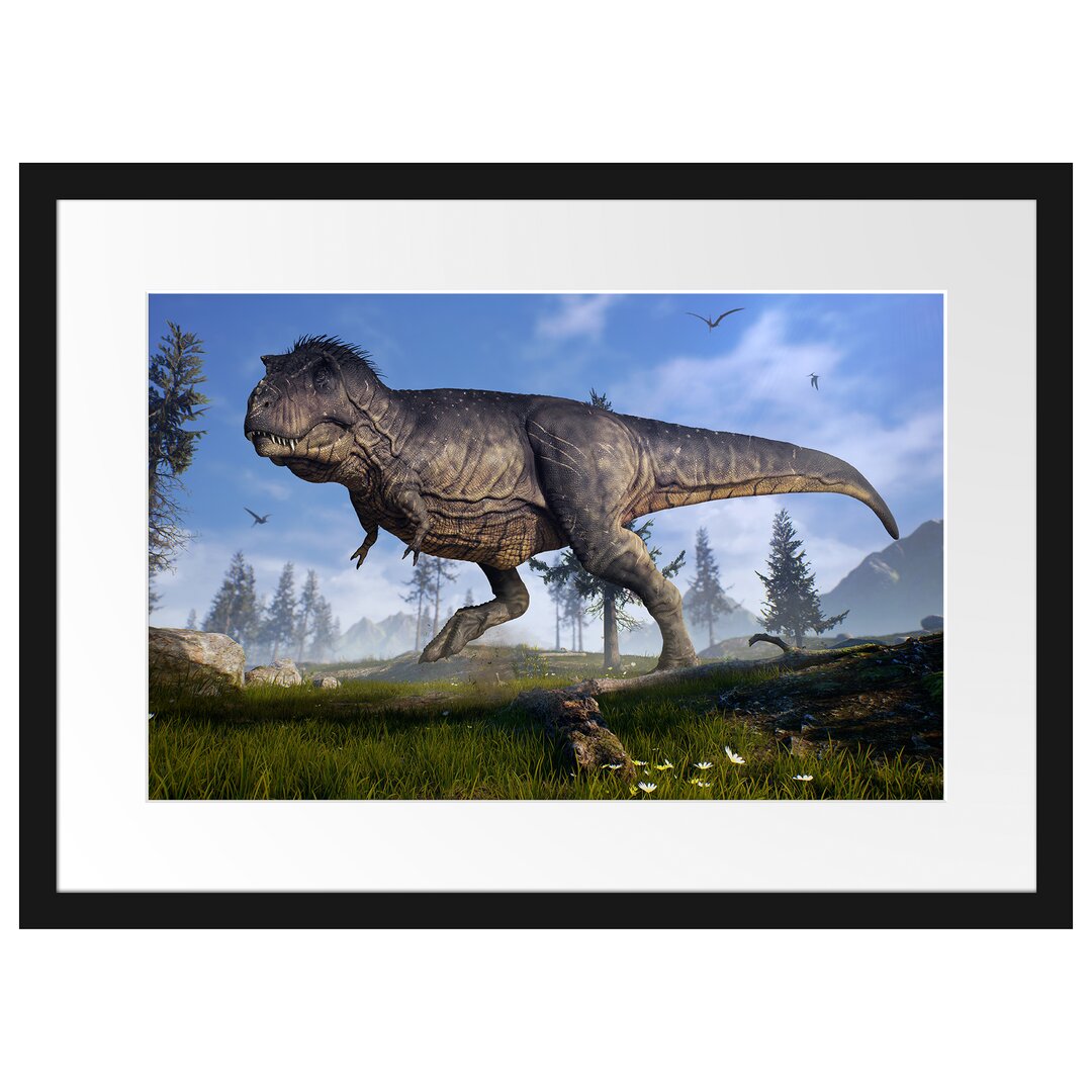 Gerahmtes Poster T-Rex Dinosaurier in der Natur