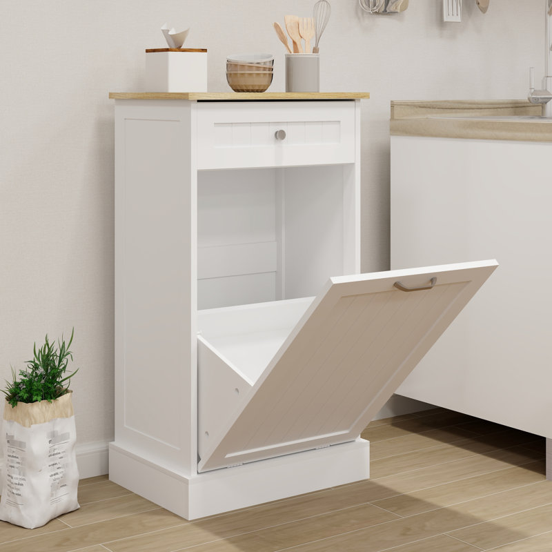 Armoire à déchets blanche E1 à un tiroir et une poubelle inclinable pour 10 gallons, garde le plancher propre, bloque les odeurs, peut placer des cadres photo sur le dessus, aide à étendre l'armoire de l'îlot de cuisine, peut être utilisée comme boîte de recyclage,
