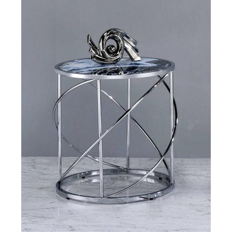 Table de bout tendance en marbre bleu avec base en métal robuste et surface en verre brillant de 22 po de largeur