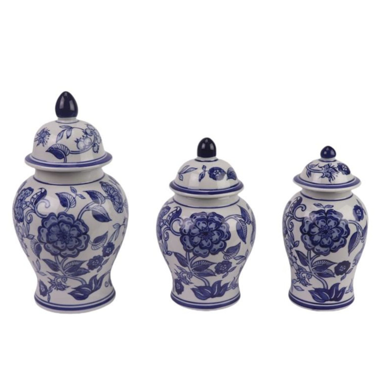 Set of 3 Blue & White Flower Food Safe Jars