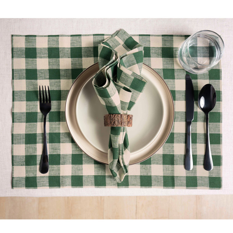 Green and Natural Check Linen Dinner Napkins Set of 4